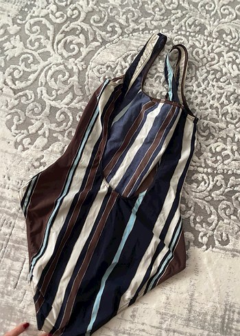 Uzun, Askılı, Kahverengi Çizgili Kadın Mayo - Görsel 3