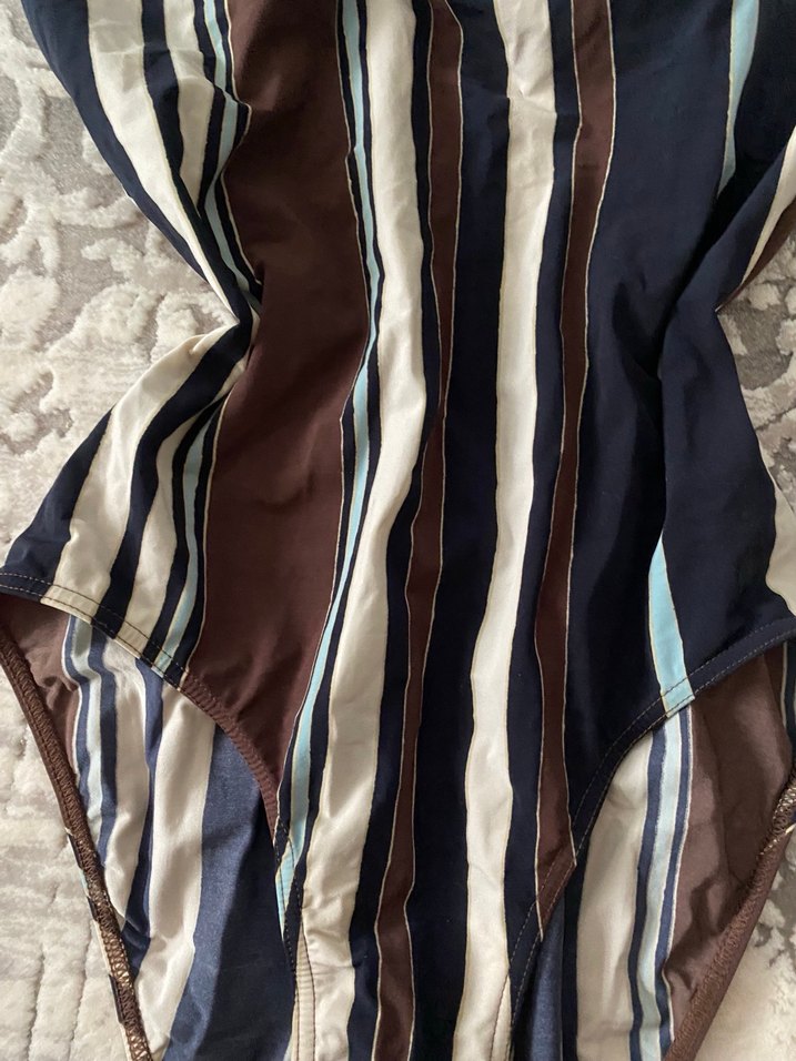 Uzun, Askılı, Kahverengi Çizgili Kadın Mayo - Görsel 2