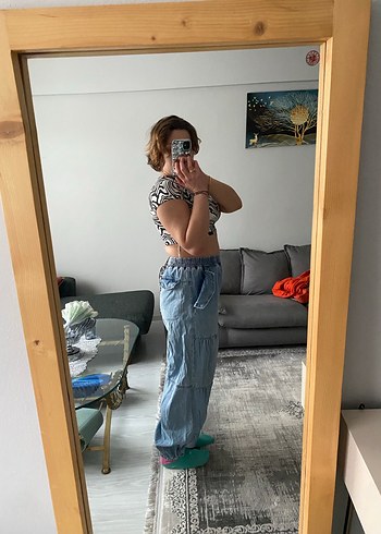 Gri Batik Desenli Kadın Bol Paça Denim Pantolon - Görsel 2