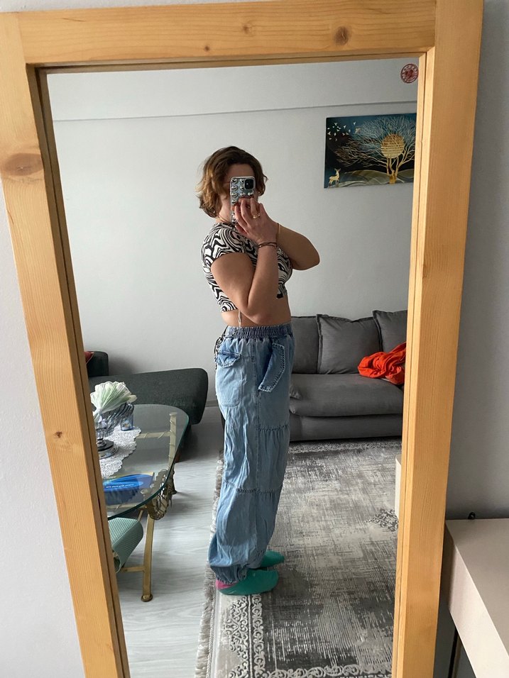 Gri Batik Desenli Kadın Bol Paça Denim Pantolon - Görsel 2