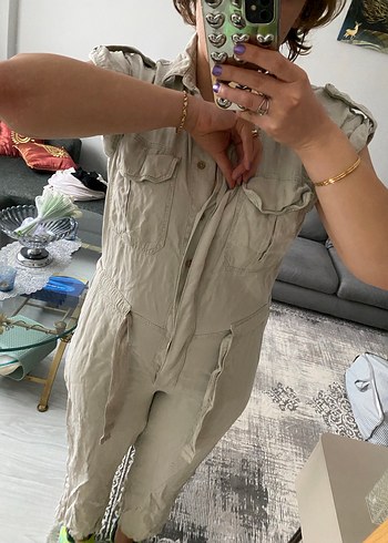 Gri Keten Rahat Kesim Kadın Tulum - Görsel 2