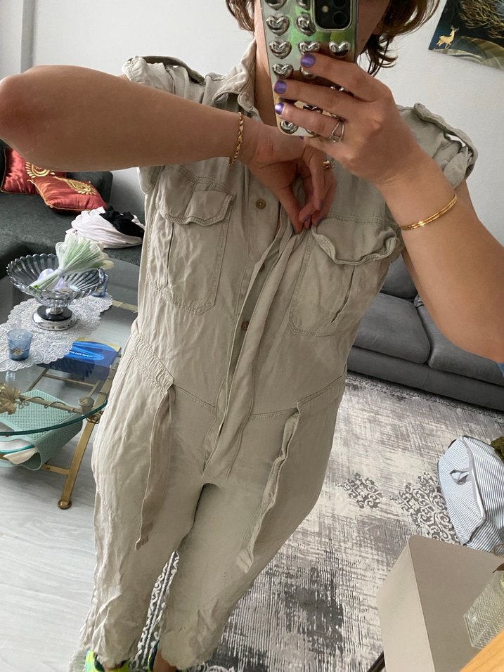 Gri Keten Rahat Kesim Kadın Tulum - Görsel 2