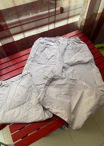 m Beden Gri Keten Salaş Midi Kadın Pantolon
