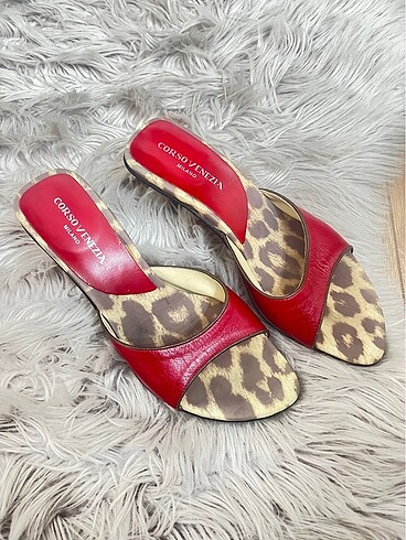 corso venezza vintage leopar kırmızı topuklu terlik