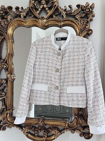 zara gold taşlı tüvit chanel tarz ceket