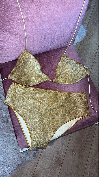 sandshaped glitter simli gold bikini takımı