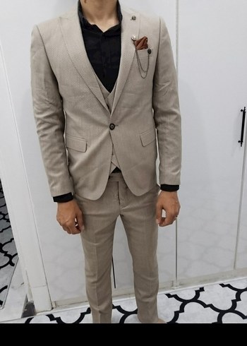 Bej Erkek Takım Elbise, Kemerli, Regular Fit