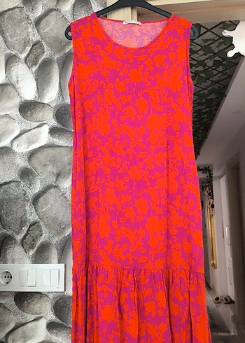 Pembe Çiçek Desenli Uzun Bohem Elbise - Görsel 2