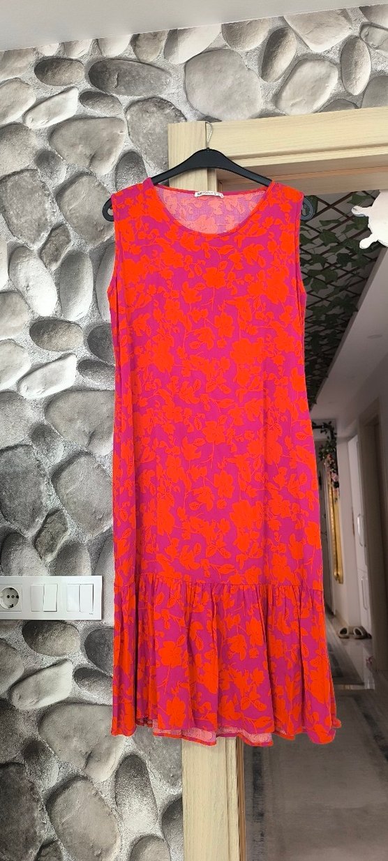 Pembe Çiçek Desenli Uzun Bohem Elbise - Görsel 2