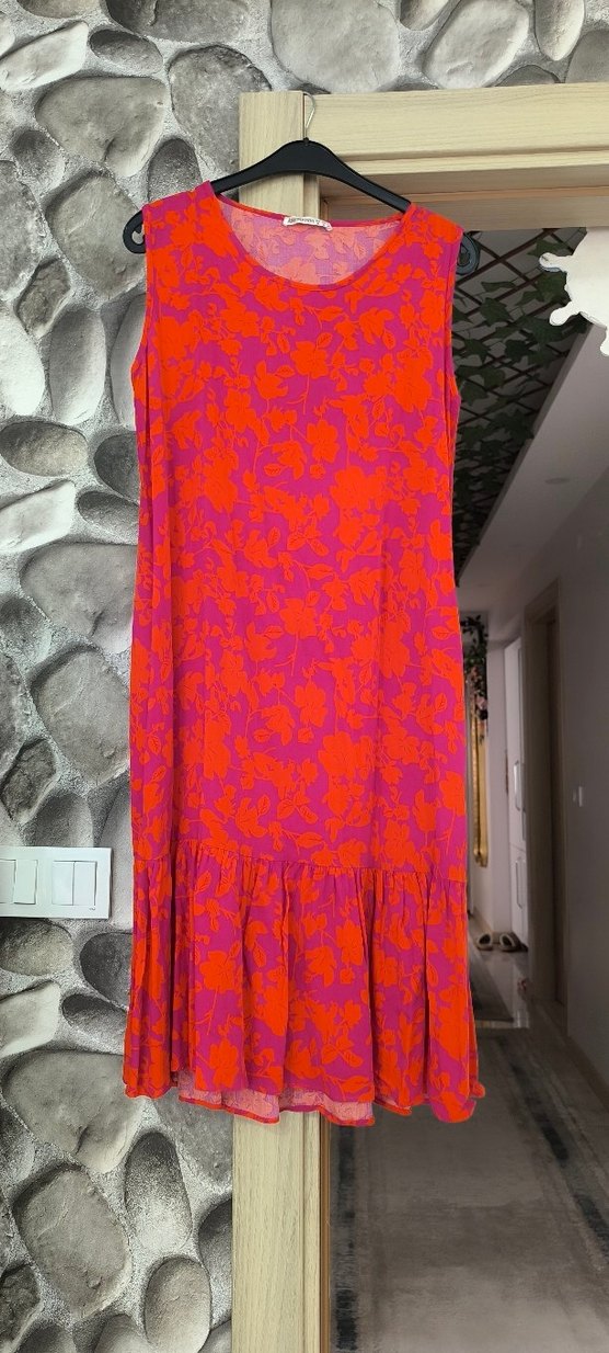 Pembe Çiçek Desenli Uzun Bohem Elbise - Görsel 3