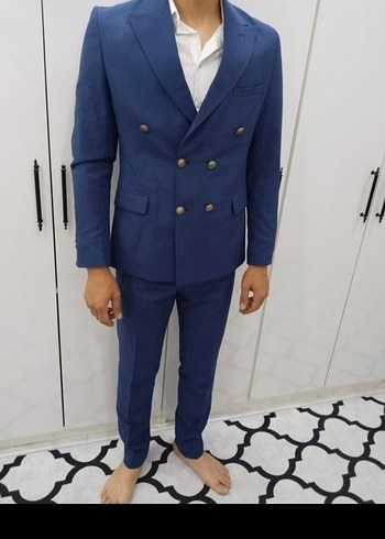 Düğmeli Mavi Erkek Takım Elbise - Görsel 2