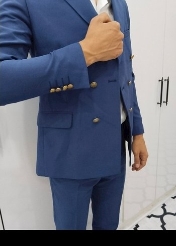 Düğmeli Mavi Erkek Takım Elbise - Görsel 3