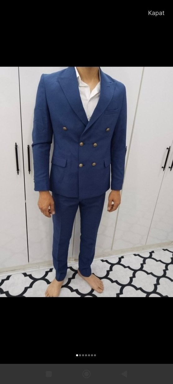 Düğmeli Mavi Erkek Takım Elbise - Görsel 2