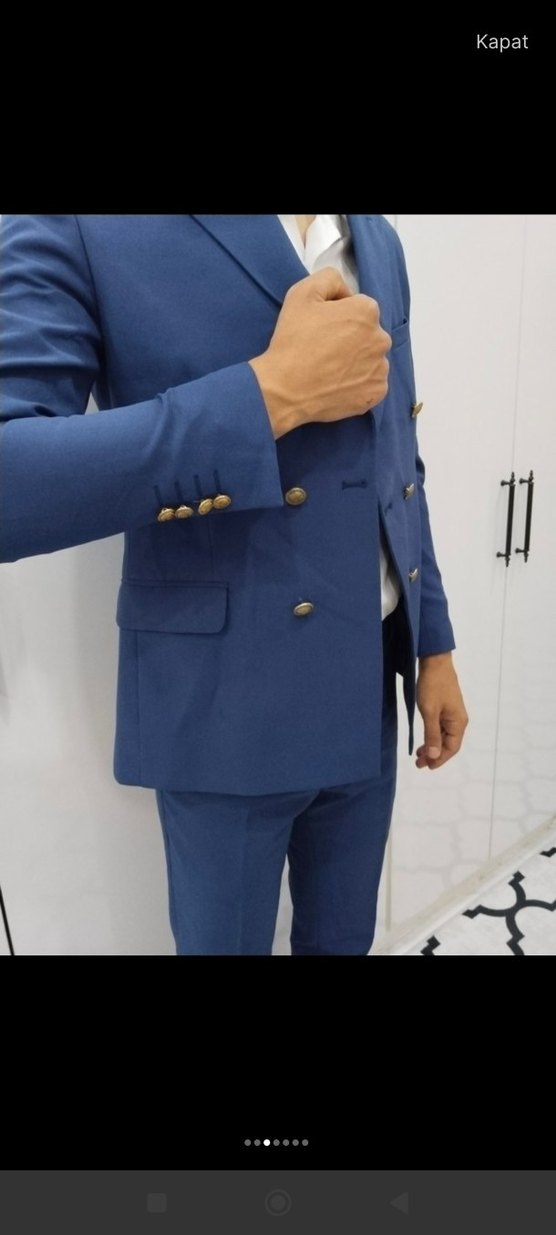 Düğmeli Mavi Erkek Takım Elbise - Görsel 3