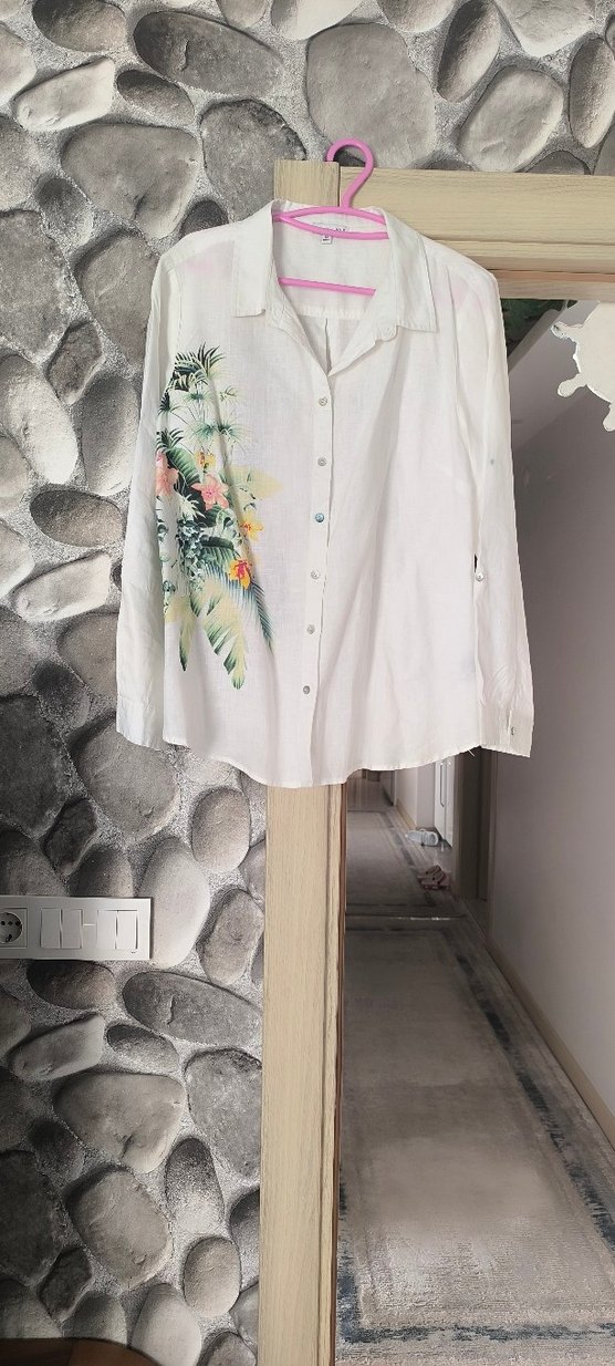 Beyaz, Baskılı, Uzun Kollu Bohem Kadın Gömlek - Görsel 2