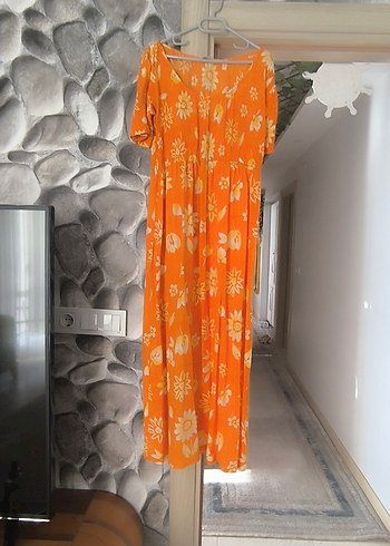 Turuncu Bağlama Desenli Uzun Bohem Elbise - Görsel 3