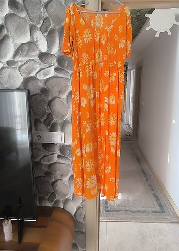 Turuncu Bağlama Desenli Uzun Bohem Elbise - Görsel 2