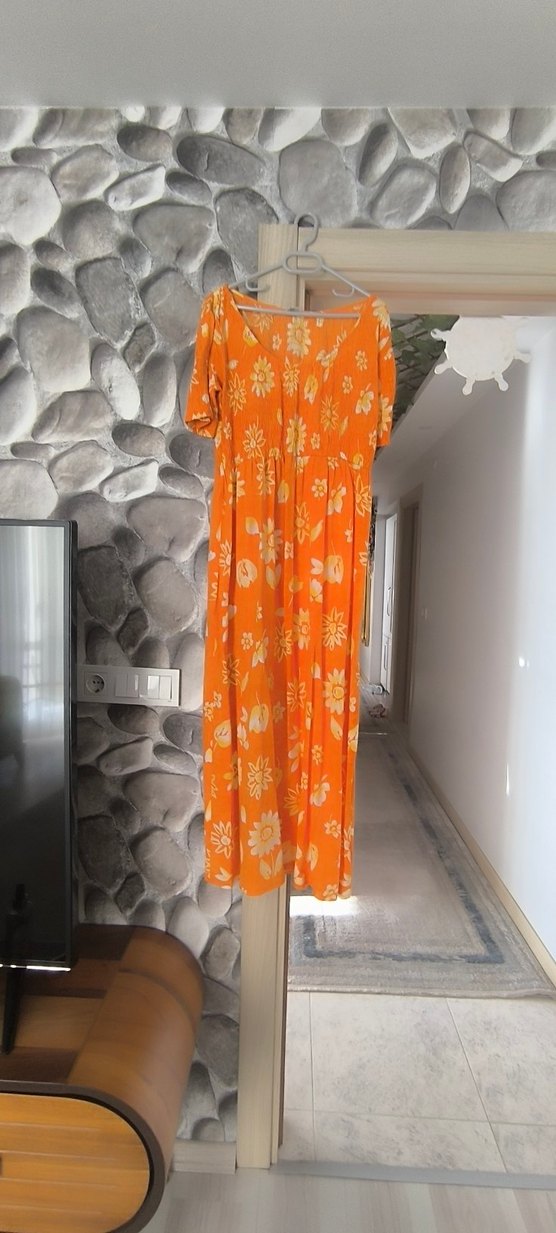 Turuncu Bağlama Desenli Uzun Bohem Elbise - Görsel 3