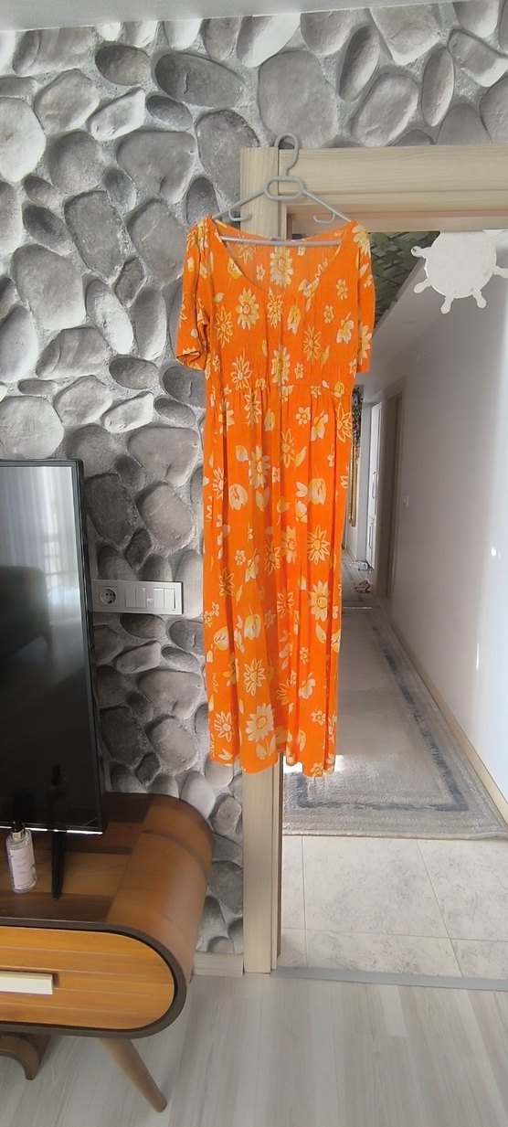 Turuncu Bağlama Desenli Uzun Bohem Elbise - Görsel 2