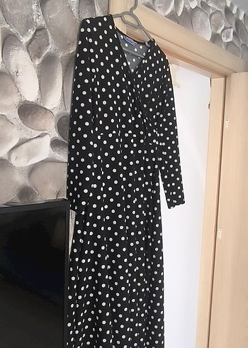 Uzun Kollu Siyah Puantiyeli Pamuk Elbise - Görsel 5