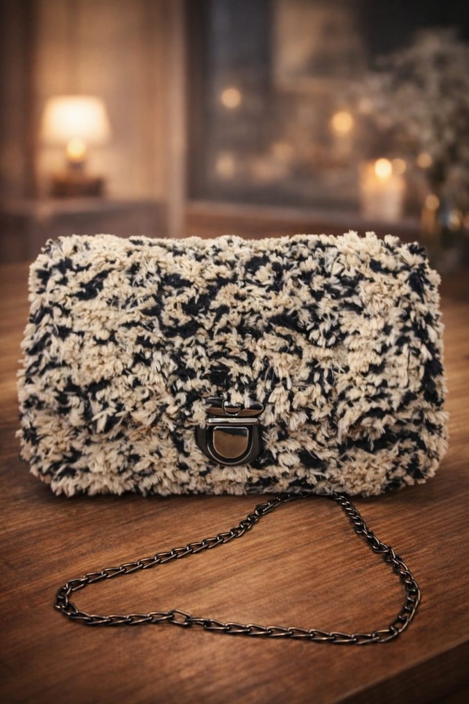 Kürk Detaylı Örgü Zebra Desenli Kadın Çanta - Görsel 2