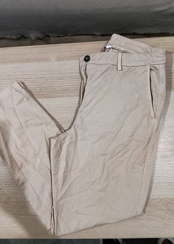 Düğmeli Bej Keten Kadın Pantolon - Görsel 3