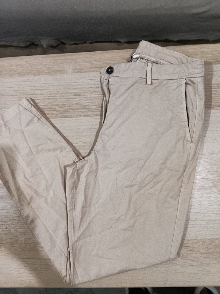 Düğmeli Bej Keten Kadın Pantolon - Görsel 3