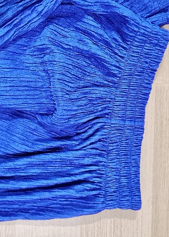 Mavi Keten Pilili Midi Kadın Pantolon - Görsel 2