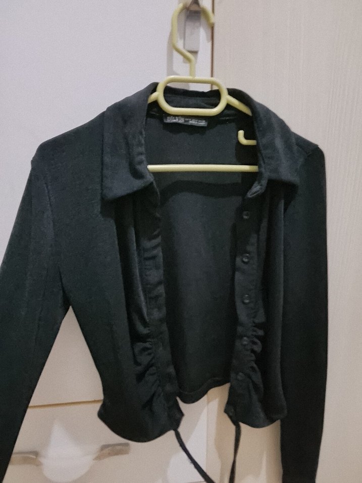 Siyah Bağcıklı Uzun Kollu Kadın gömlek - Görsel 3