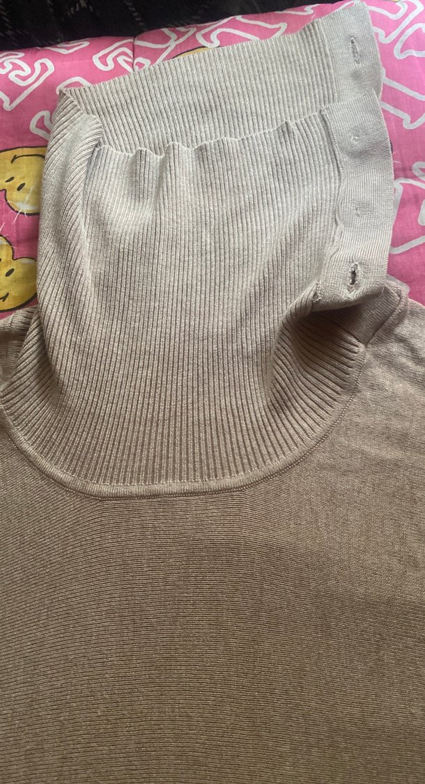 Düğmeli Bej Kısa Kollu Kadın Kazak - Görsel 5