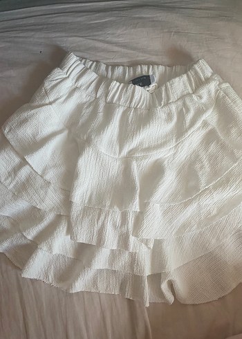 Beyaz Keten Fırfırlı şortlu Mini Etek