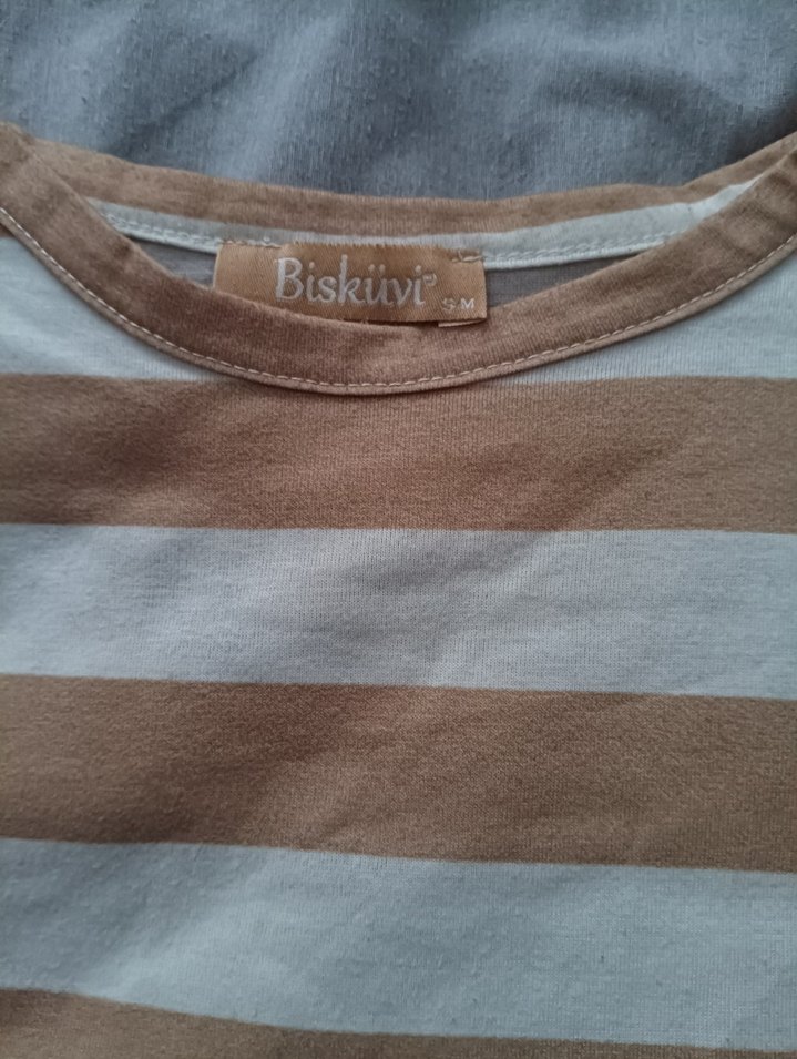 Bej Gri Çizgili Hamile Keten Gömlek - Görsel 3