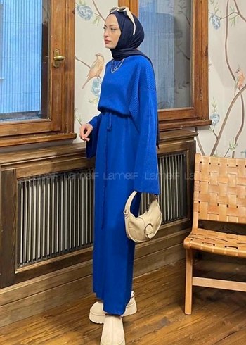 Uzun Mavi Tesettür Triko Elbise - Görsel 2