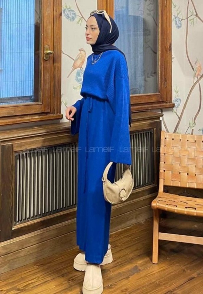 Uzun Mavi Tesettür Triko Elbise - Görsel 2