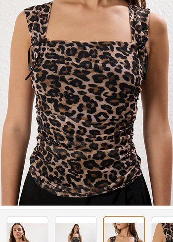 Leopar Desenli Drapeli Straplez Bluz - Görsel 3