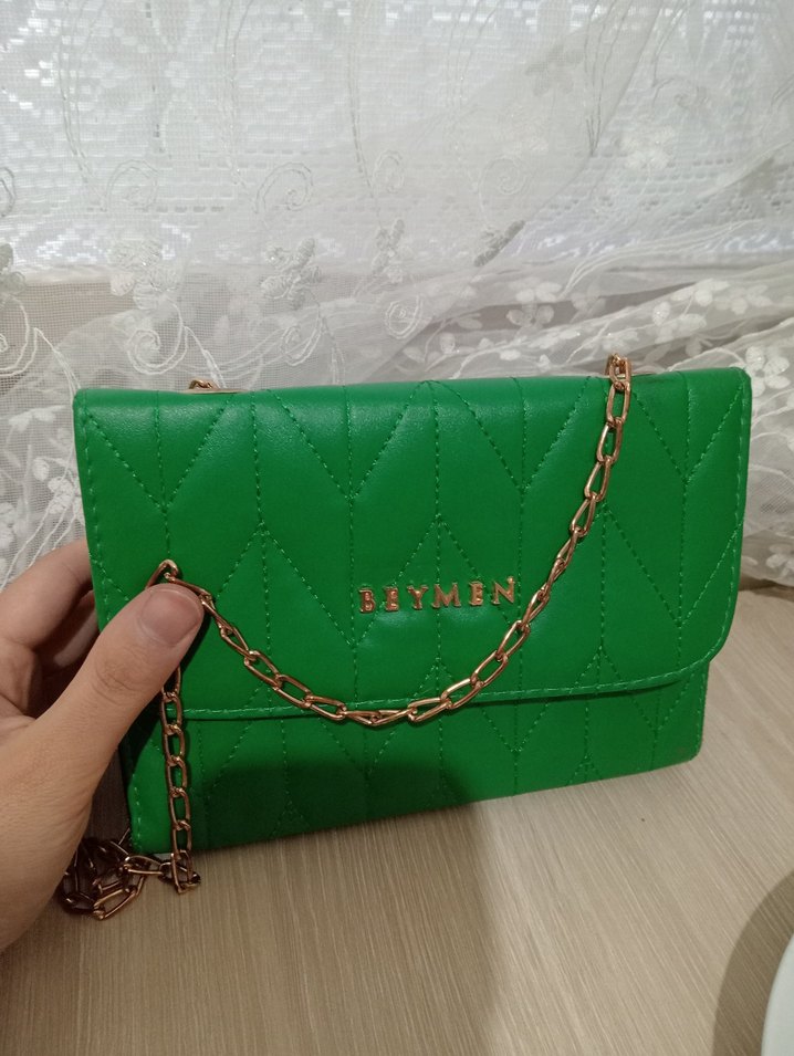 Zincir Detaylı Yeşil Deri El Çantası - Görsel 2