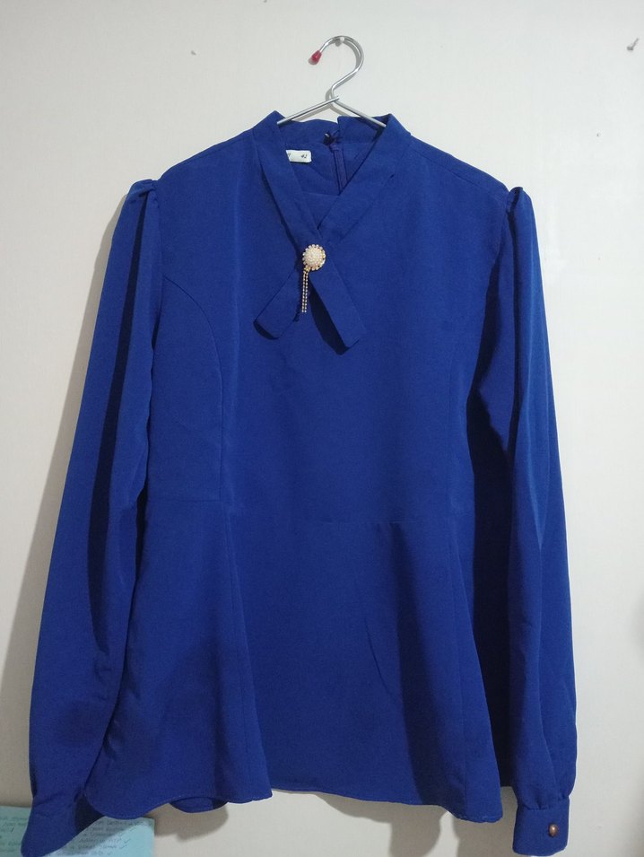 Broş Detaylı Saks Mavisi Kadın Gömlek - Görsel 2