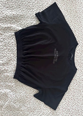 Addax Siyah Baskılı Kısa Crop Tişört