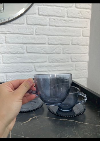 Mavi Gri Cam Fincan ve Tabak Seti - Görsel 3