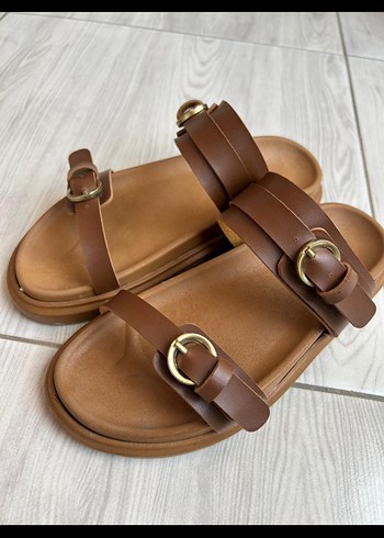 Tokalı Kahverengi Deri Kadın Terlik - Görsel 2