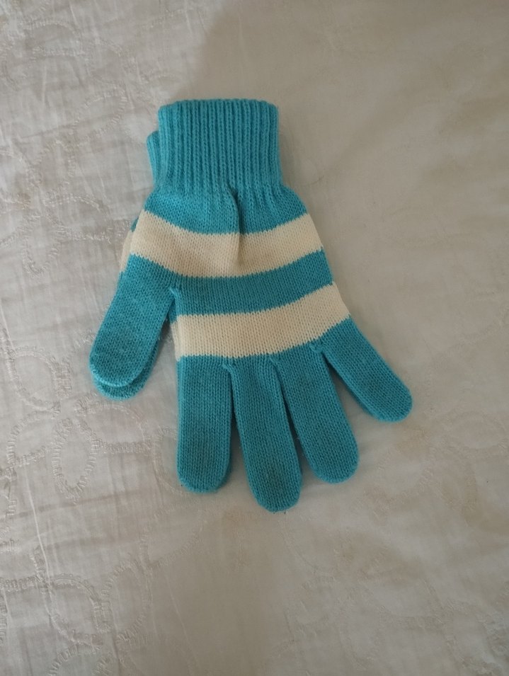 Turkuaz Beyaz Çizgili Kız Eldiveni - Görsel 2