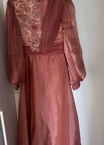 Abiye Soğankabuğu renkli Uzun Kollu Nakışlı Drape Detaylı Abiye