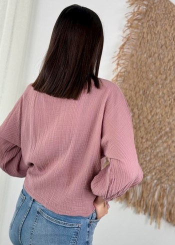 Massimo Dutti Pembe Bohem Bağcıklı V Yaka kelebek model müslin Bluz