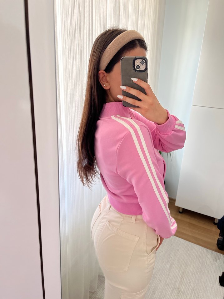 Etiketli Pembe Fermuarlı Yüksek Yakalı Kadın Eşofman Üstü - Görsel 4