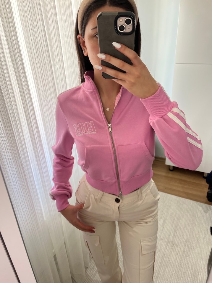 Etiketli Pembe Fermuarlı Yüksek Yakalı Kadın Eşofman Üstü - Görsel 2