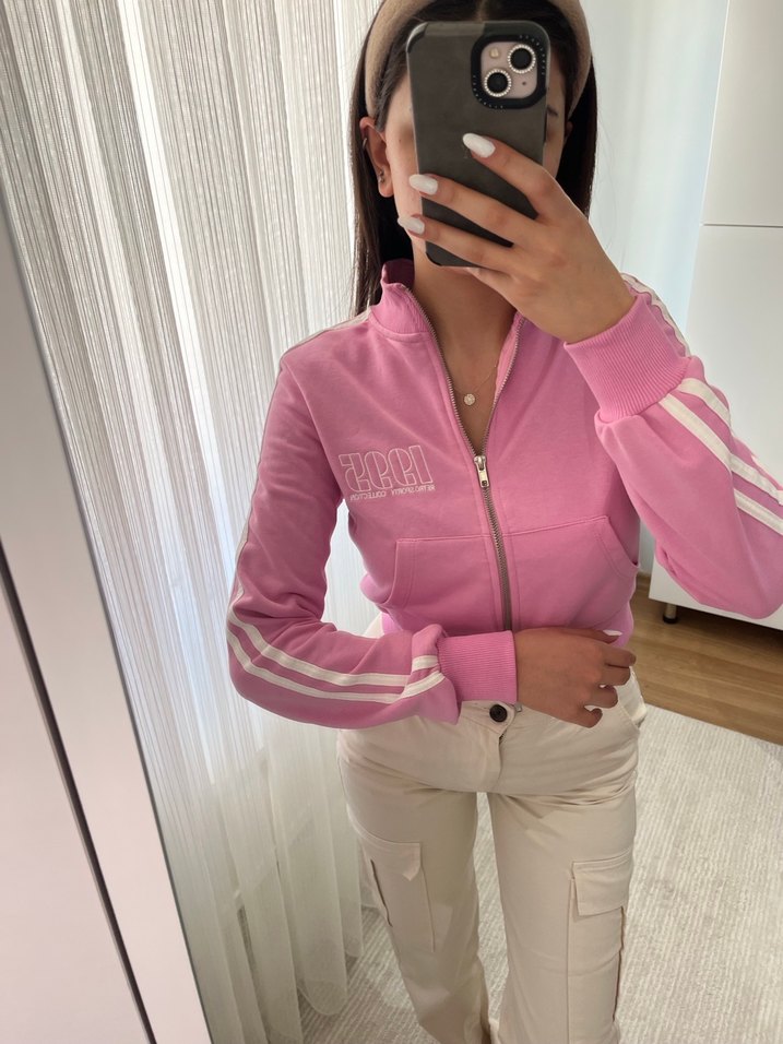 Etiketli Pembe Fermuarlı Yüksek Yakalı Kadın Eşofman Üstü - Görsel 3