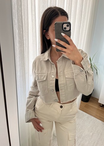 Bej Kadın Denim Ceket Düğmeli Uzun Kollu - Görsel 2