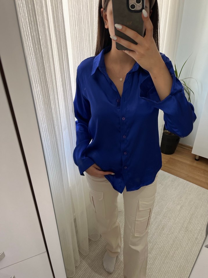 Uzun Kollu saten Mavi Düğmeli Kadın Gömlek - Görsel 2