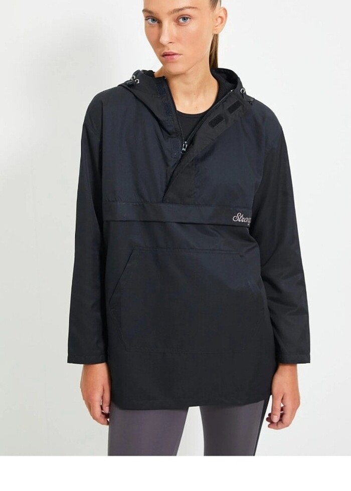 Siyah Paraşüt Kumaş Kanguru Cepli Spor Rüzgarlık XS beden - Görsel 3