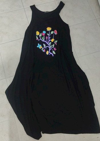 Diğer Çiçek Desenli Siyah Bohem Uzun Elbise